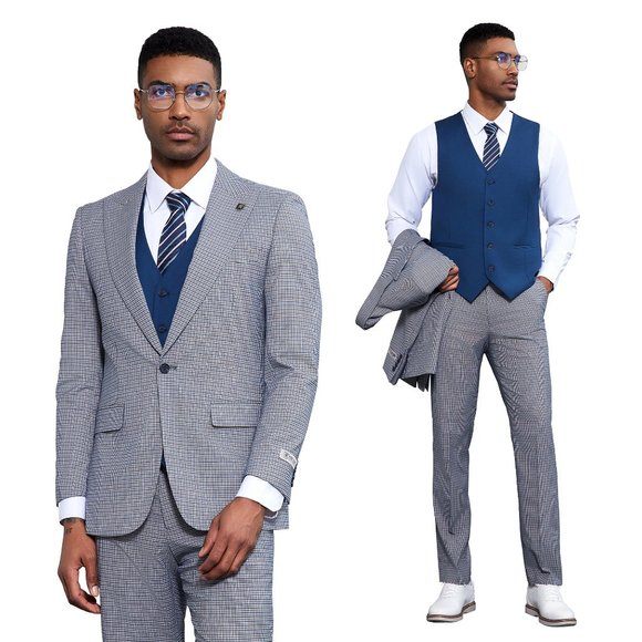 Stacy Adams Glen Plaid 3pc Men's Suit Grey w/ Blue